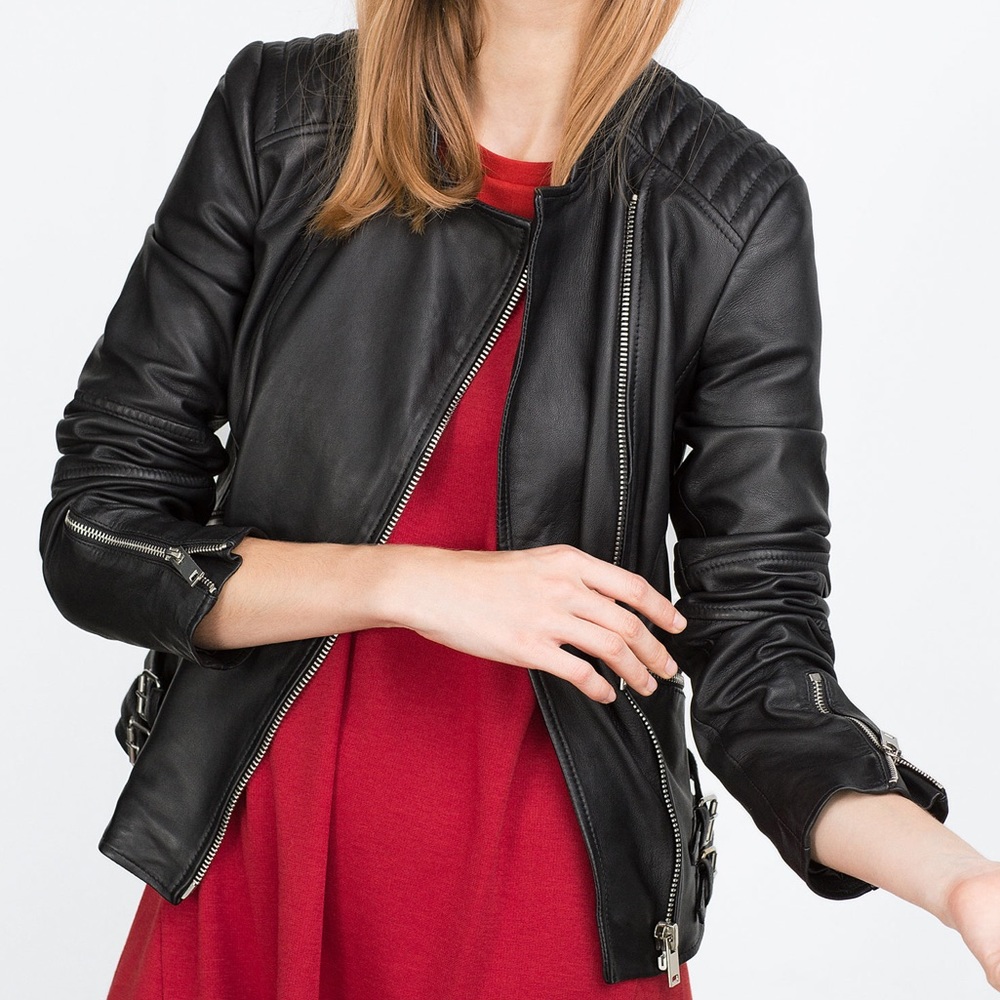 Zara Black Leather Biker Jacket with Silver Hardware
